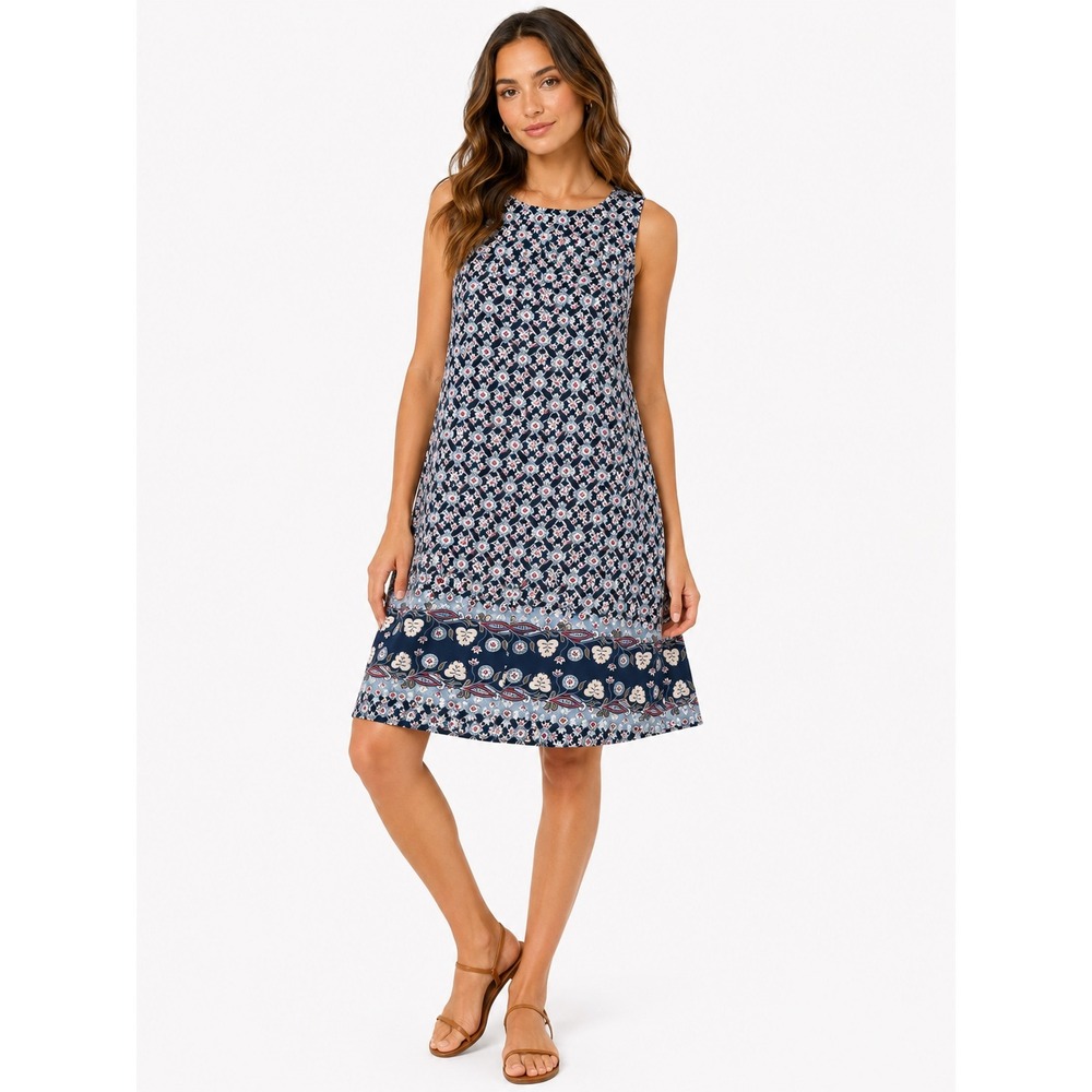 Talbots Shift Dress Womens XL Blue Floral Medallion Sleeveless Cotton Knit Boho